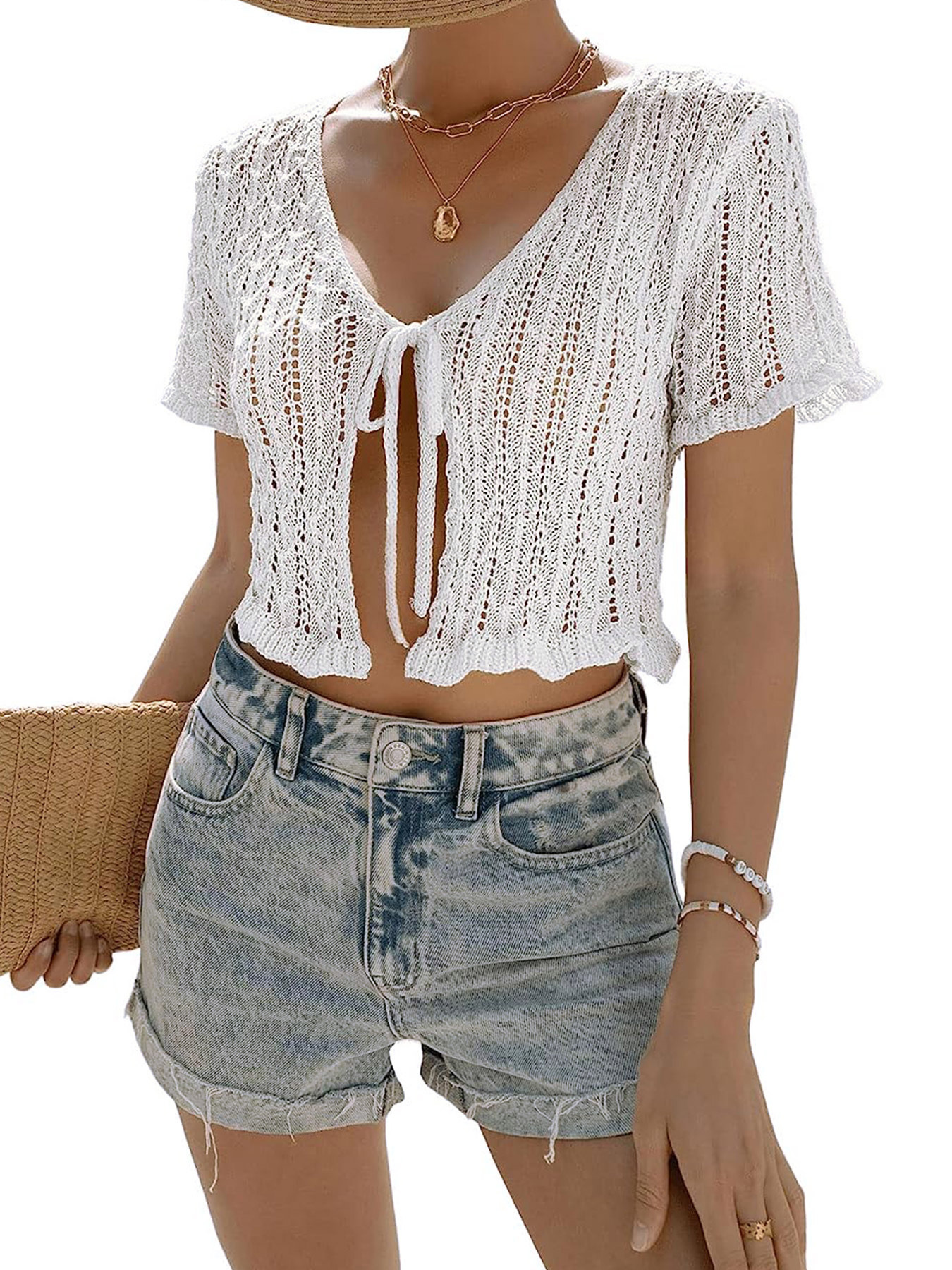 Crochet Knit Tie Front Cardigan - Summer Beach Cover Up