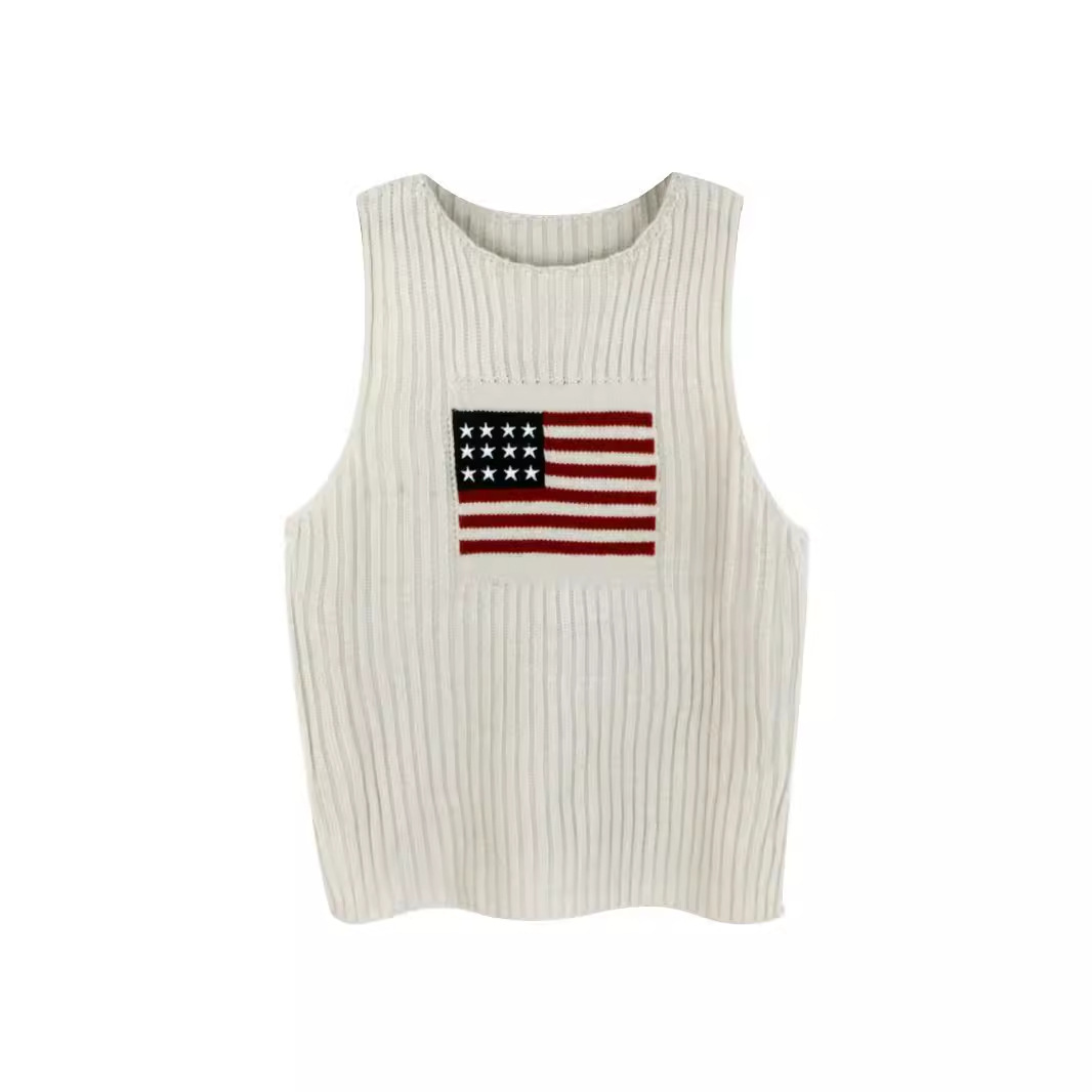 Knitted Sweater Vest Women American Flag Sleeveless Top SSU-00041