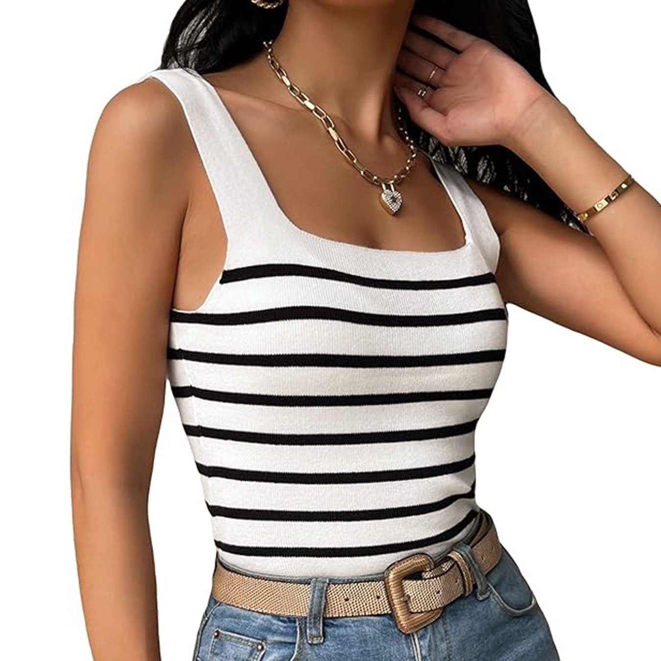 Striped Cami Top Set - Square Neck Sleeveless Summer Set SSU-00025