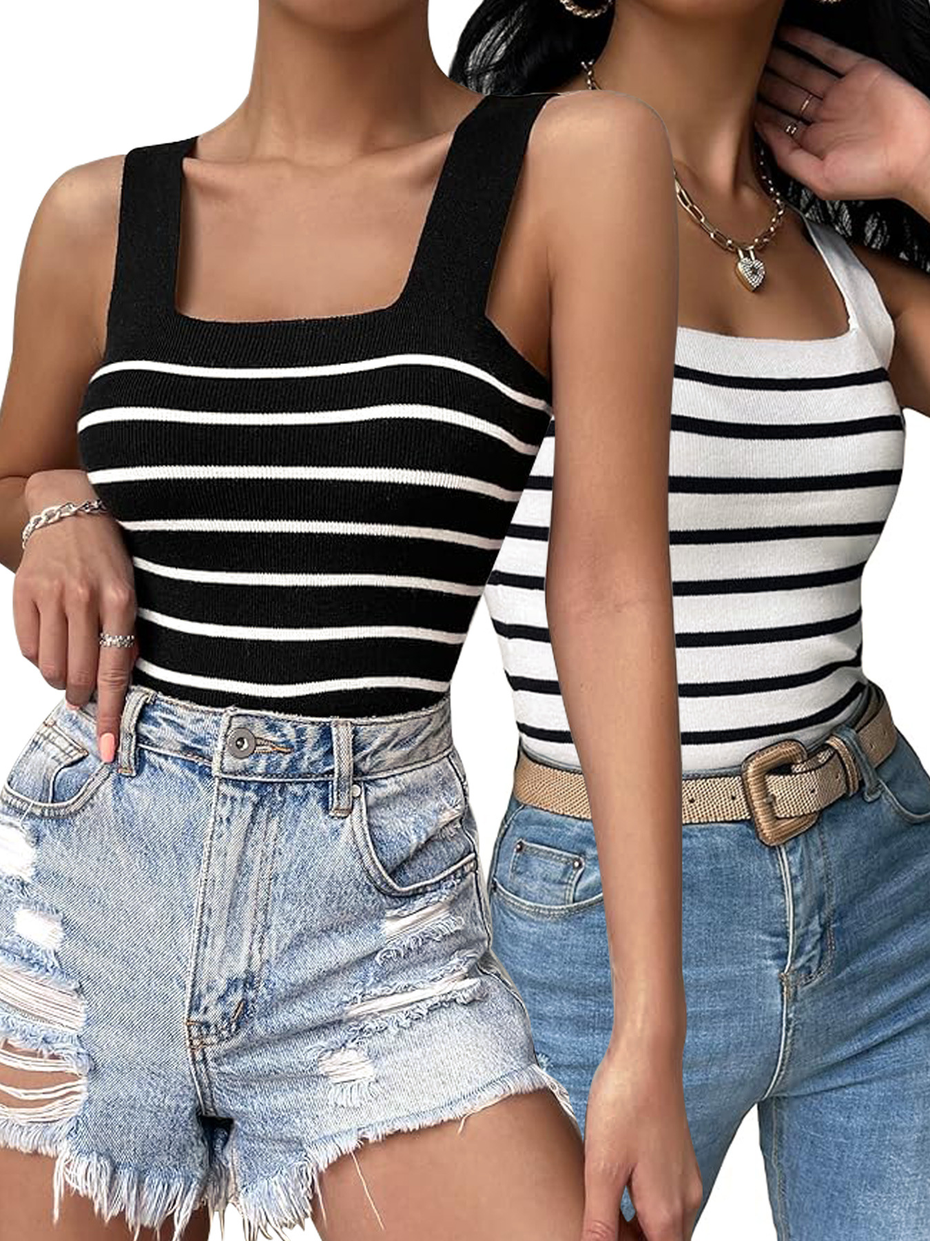 Striped Cami Top Set - Square Neck Sleeveless Summer Set SSU-00025