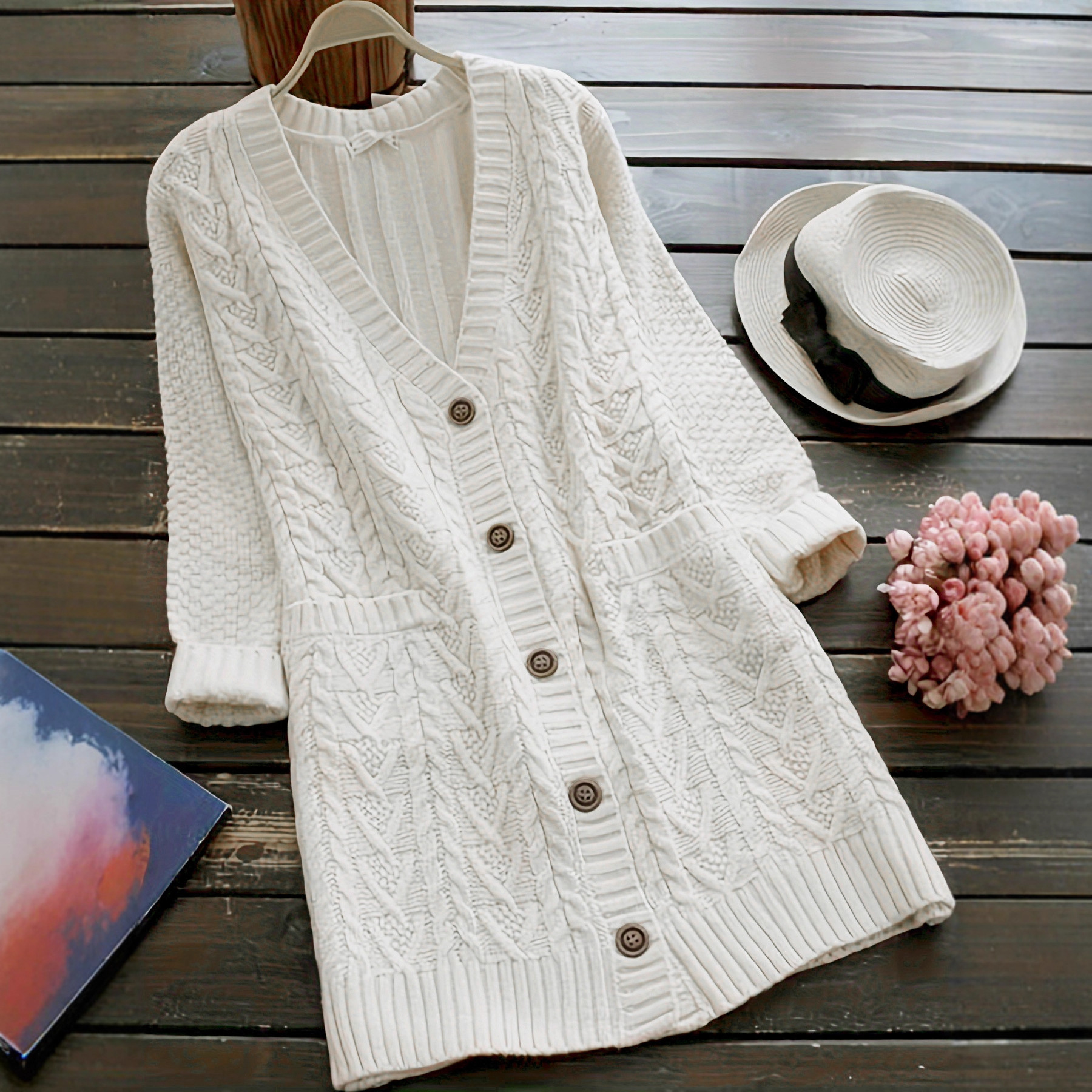 Women's Knit Button Cardigan Cable Knit Pocket Spring Autumn