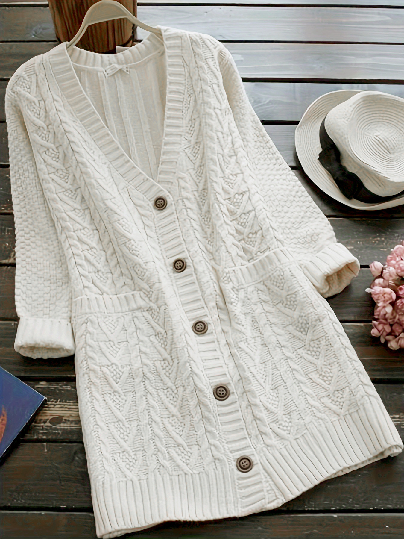 Women's Knit Button Cardigan Cable Knit Pocket Spring Autumn
