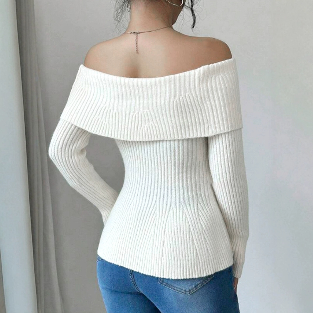 Knitted Sweater Off Shoulder Long Sleeve Elegant Fall Winter Top SSU-00068