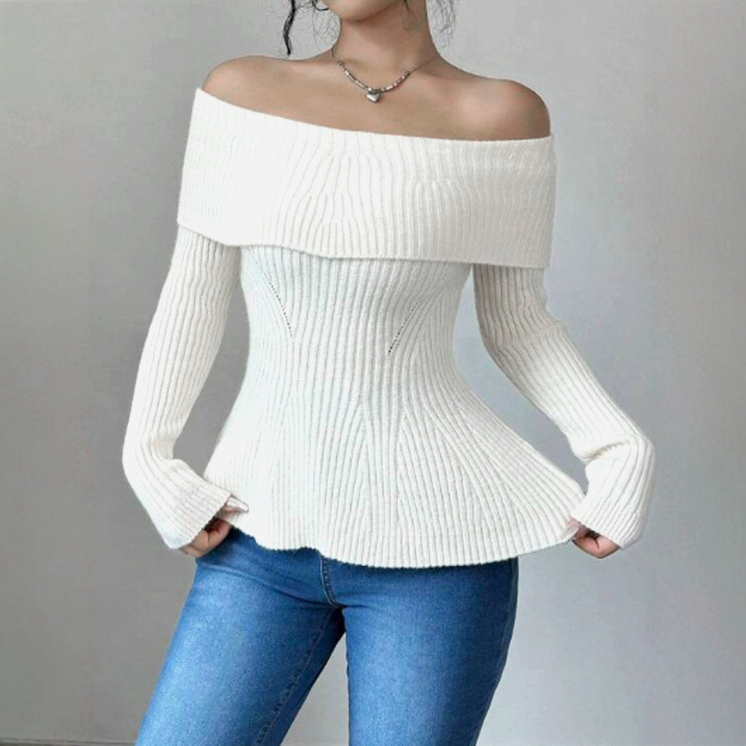 Knitted Sweater Off Shoulder Long Sleeve Elegant Fall Winter Top SSU-00068