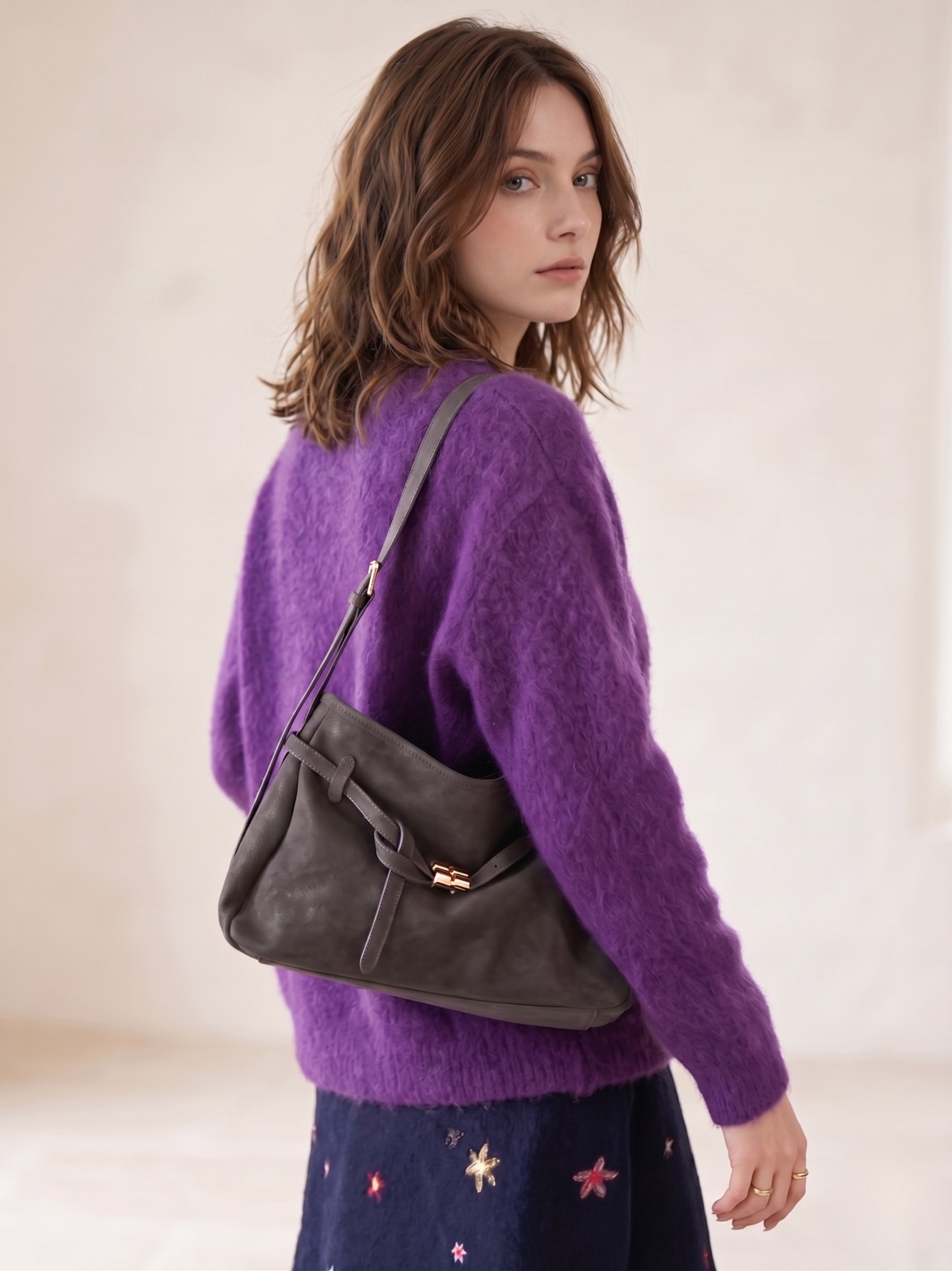 Chic Suede Shoulder Bag with Buckle Detail