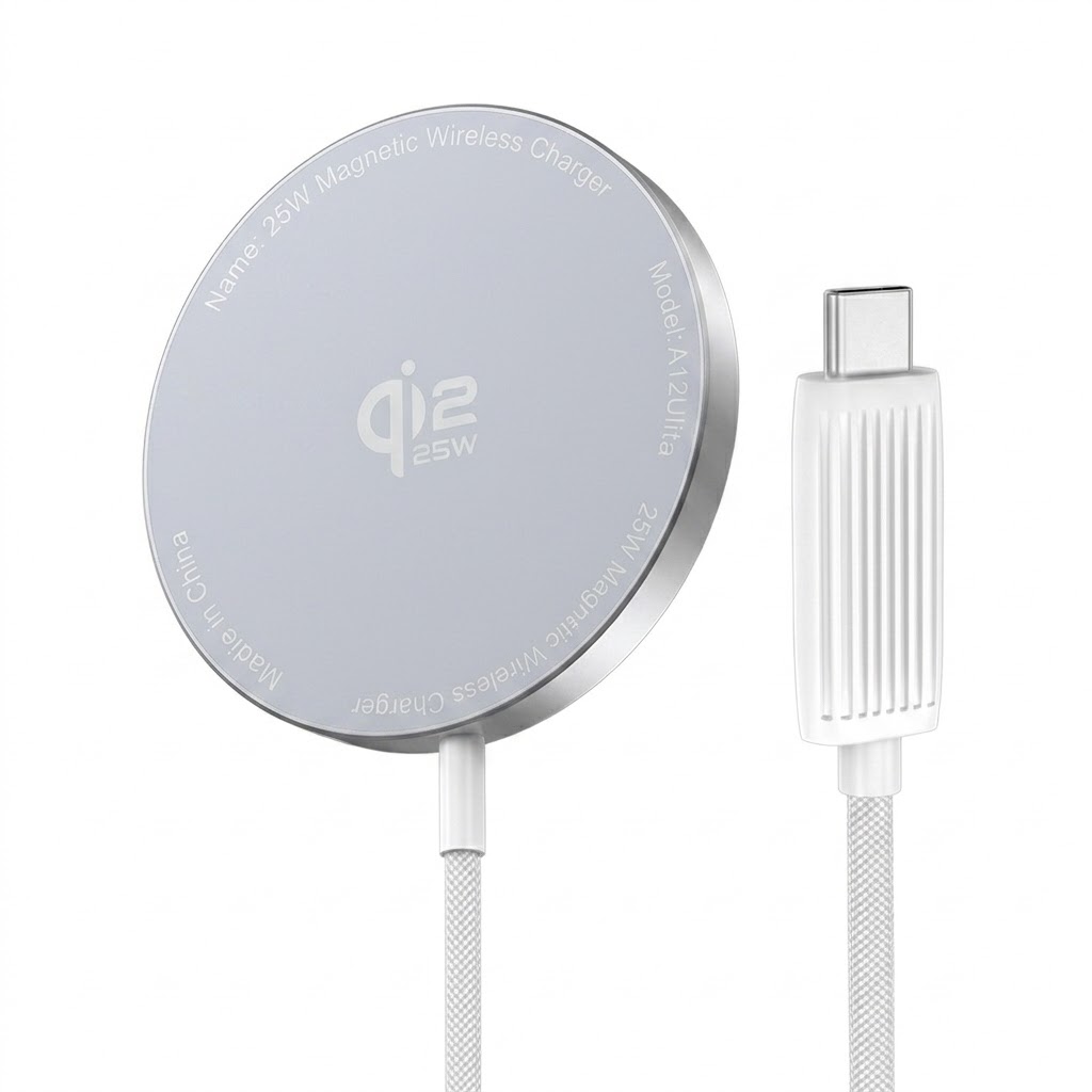 Qi2.2 25W Magnetic Wireless Charger for iPhone 12-17 Series, Low-Temperature Fast Charging, Orange/Silver