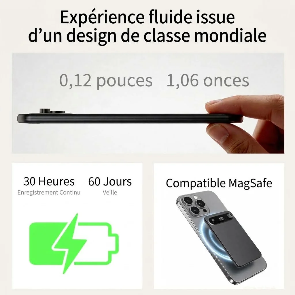 Enregistreur vocal IA avec transcription intelligente et réduction de bruit avancée, compatible MagSafe, 30 heures d'enregistrement, 60 jours d'autonomie en veille, gris