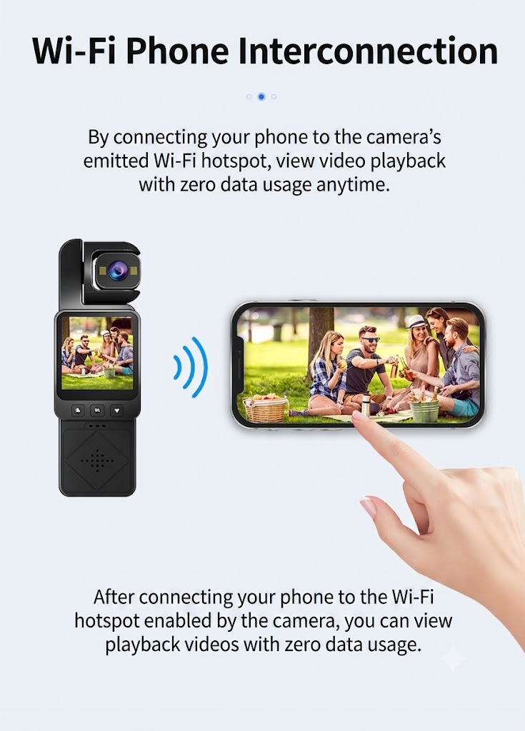Cámara de acción portátil 1080P con rotación de 360°, conectividad WiFi, tecnología antivibración y luces de relleno integradas.