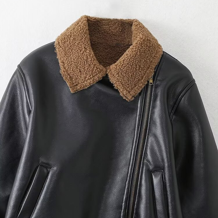 Veste de motard pour femme doublée en fausse fourrure de mouton retournée KUN-00163
