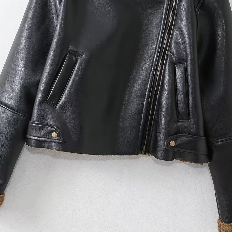 Veste de motard pour femme doublée en fausse fourrure de mouton retournée KUN-00163