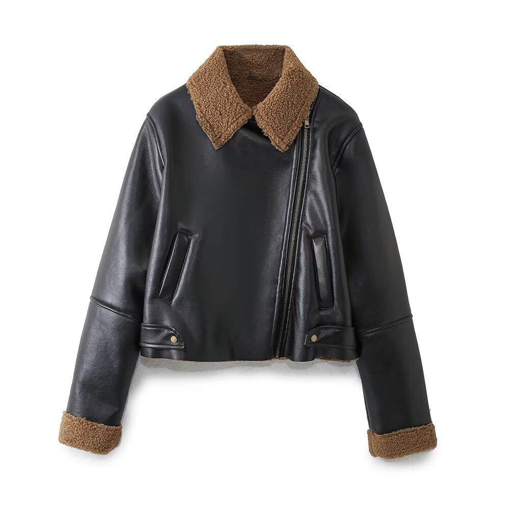 Veste de motard pour femme doublée en fausse fourrure de mouton retournée KUN-00163