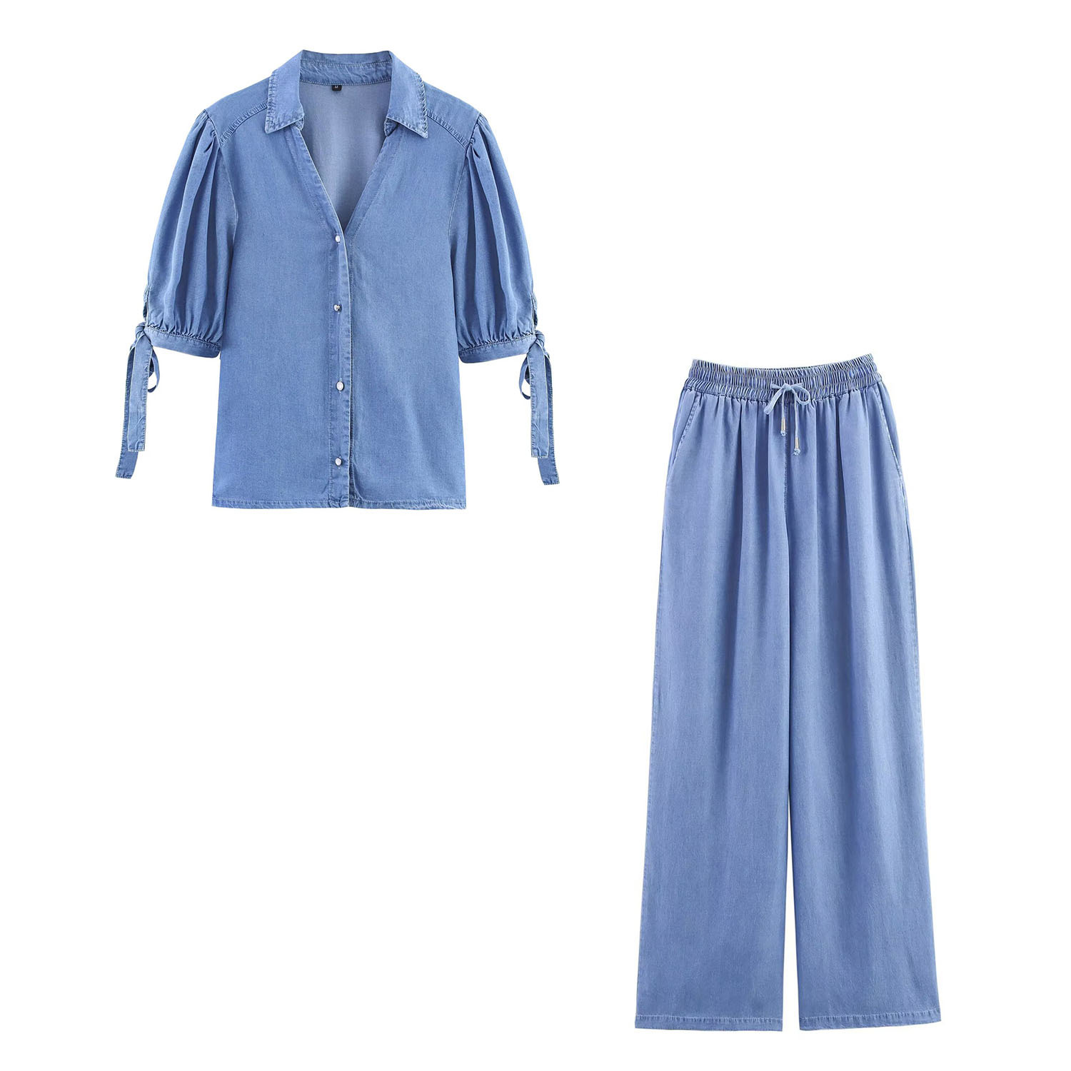 Damesblouse met strik en wijde broek set - Elastische taille KUN-00091