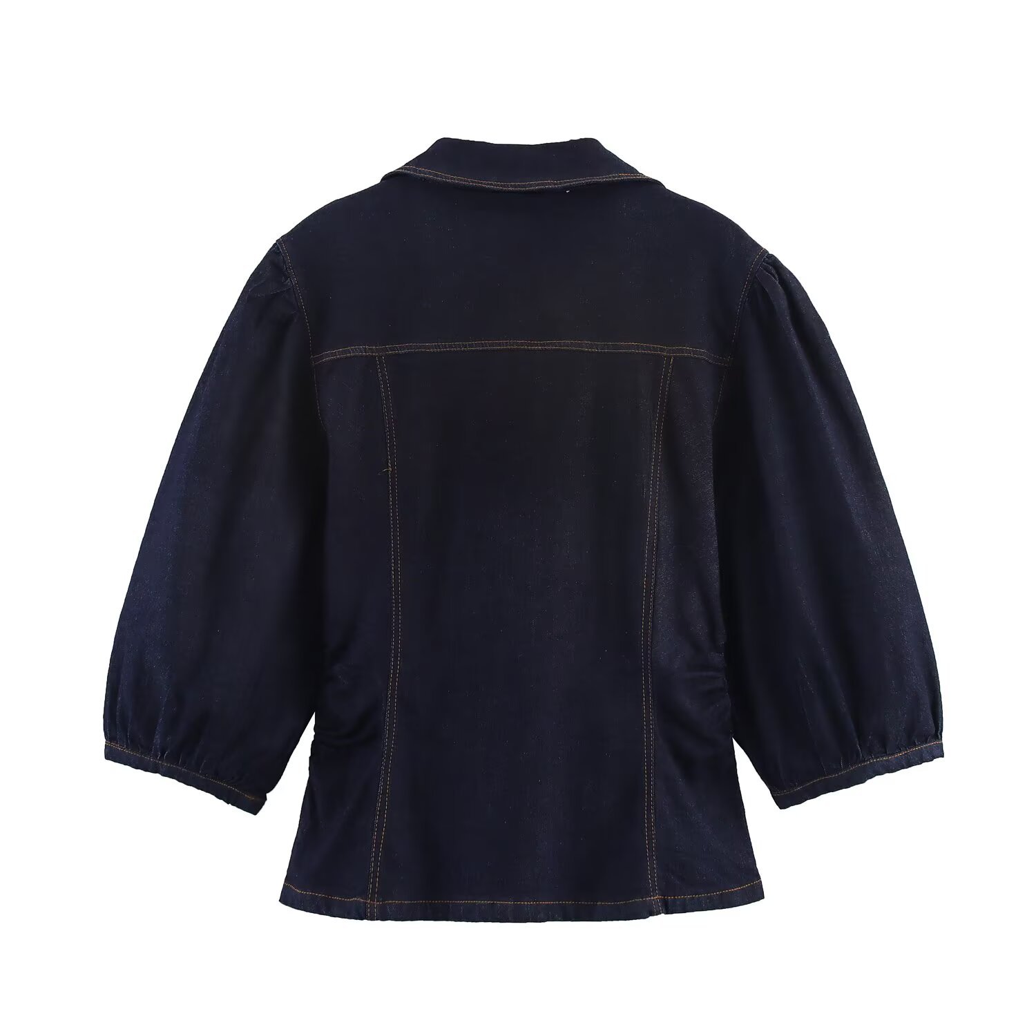 Top de mezclilla con mangas abullonadas y jeans acampanados - Corte ajustado KUN-00052