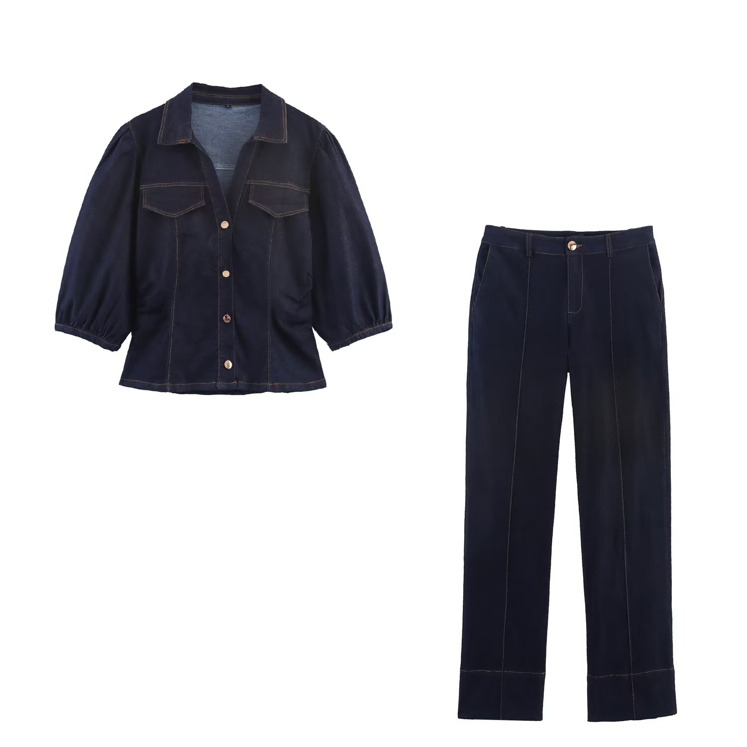 Top de mezclilla con mangas abullonadas y jeans acampanados - Corte ajustado KUN-00052