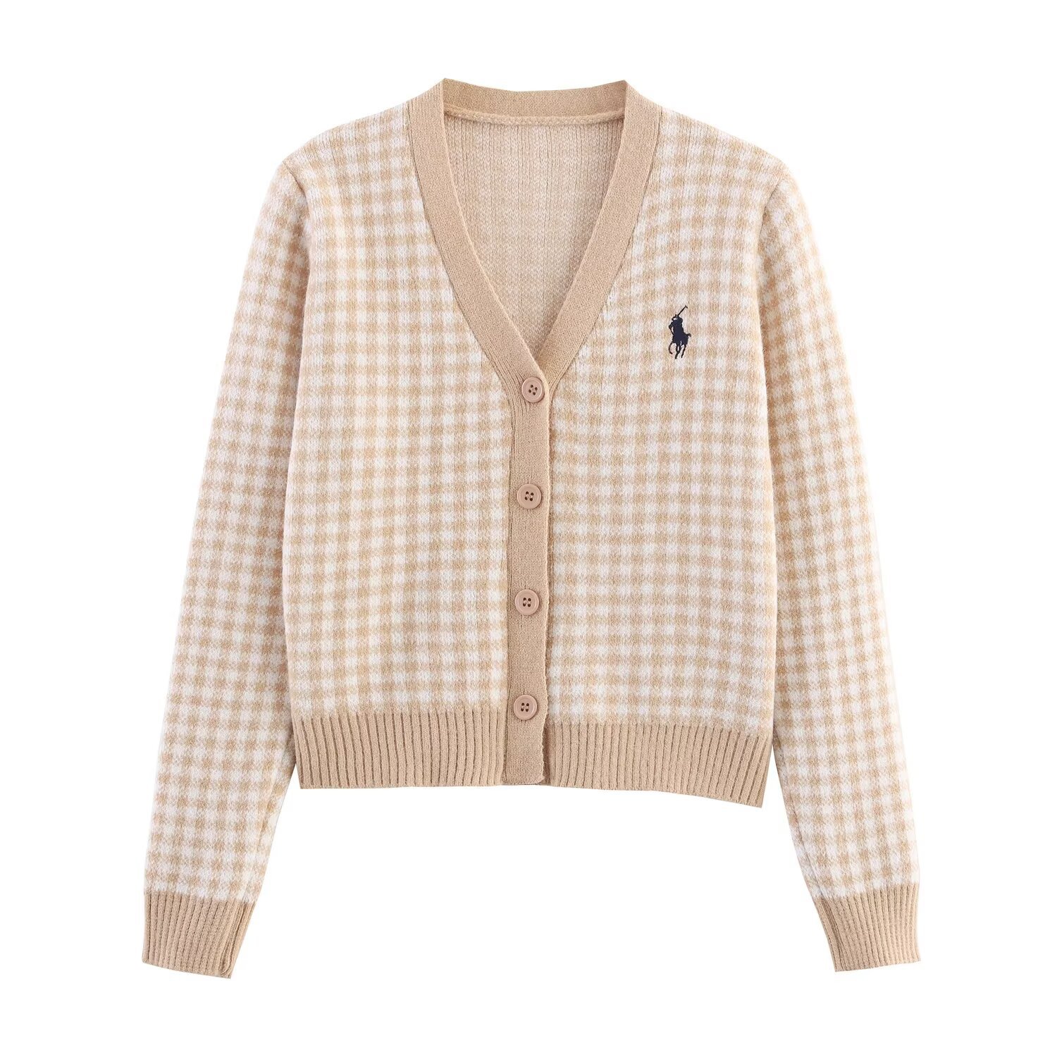 Knit Cardigan - Embroidered Plaid, Casual Chic KUN-00030