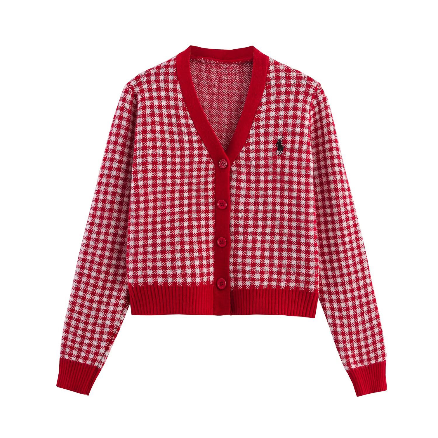 Knit Cardigan - Embroidered Plaid, Casual Chic KUN-00030