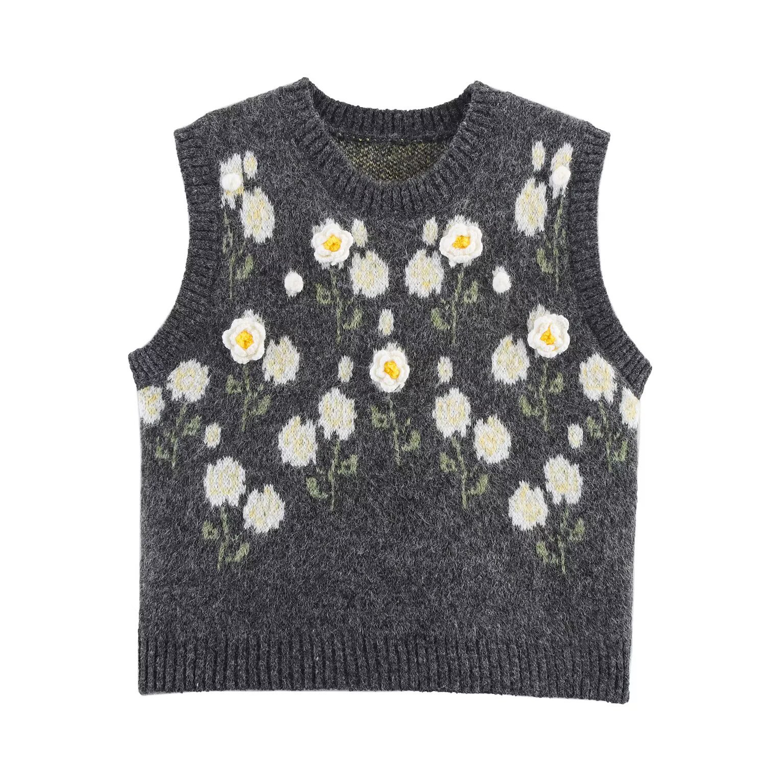 Gebreid vest met 3D-bloemenprint, stijlvolle tanktop KUN-00069