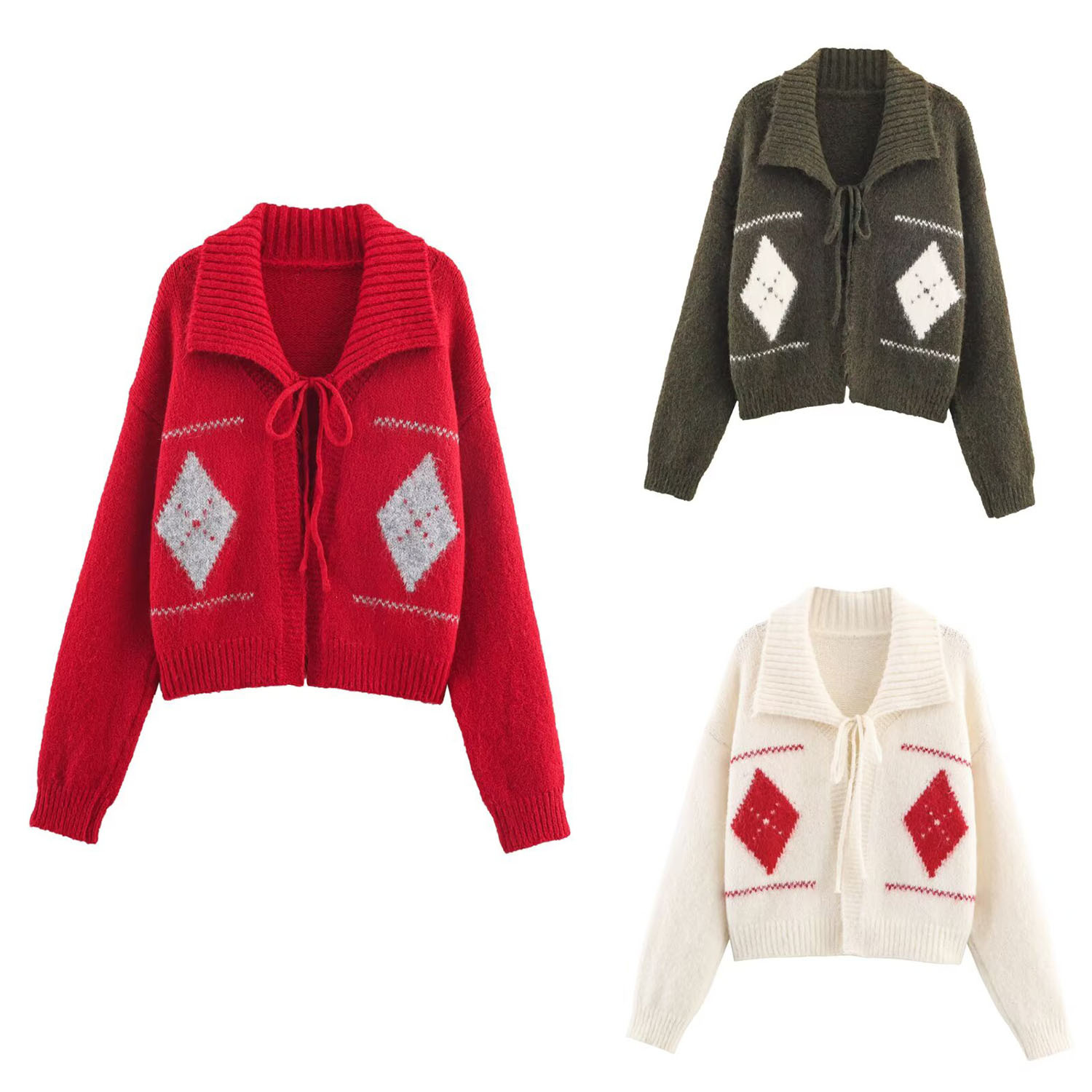 Suéter cárdigan de punto con lazo en jacquard KUN-00075