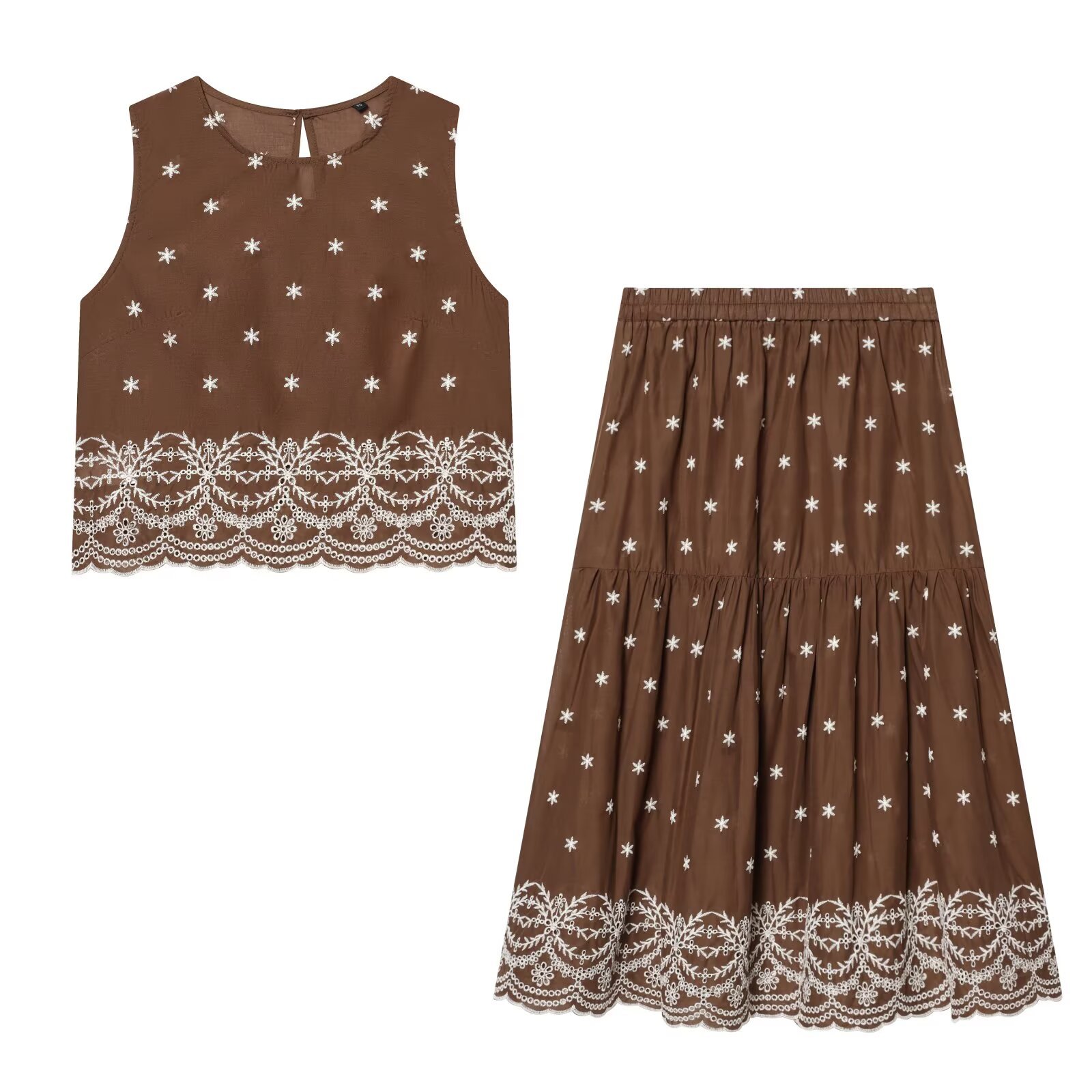 Embroidered Floral Top & Elastic Waist Skirt Set KUN-00018