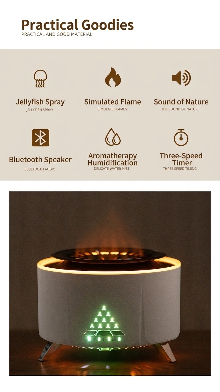 Ultrasonic Flame & Jellyfish Aroma Diffuser with Bluetooth