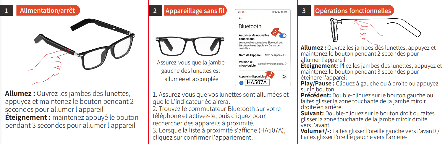Lunettes intelligentes BL30 en plastique noir #BS705-0013