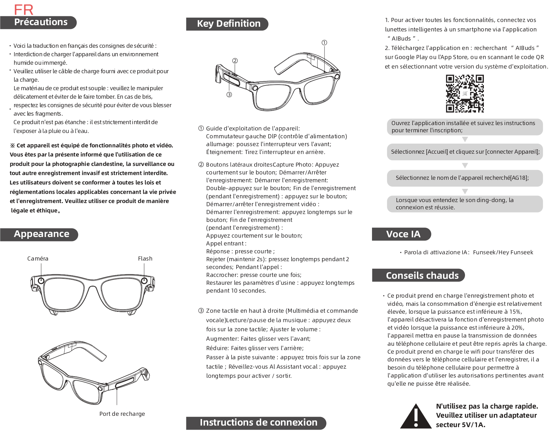 Lunettes de soleil intelligentes AG18 noires TR90 IA #BS1223-0005