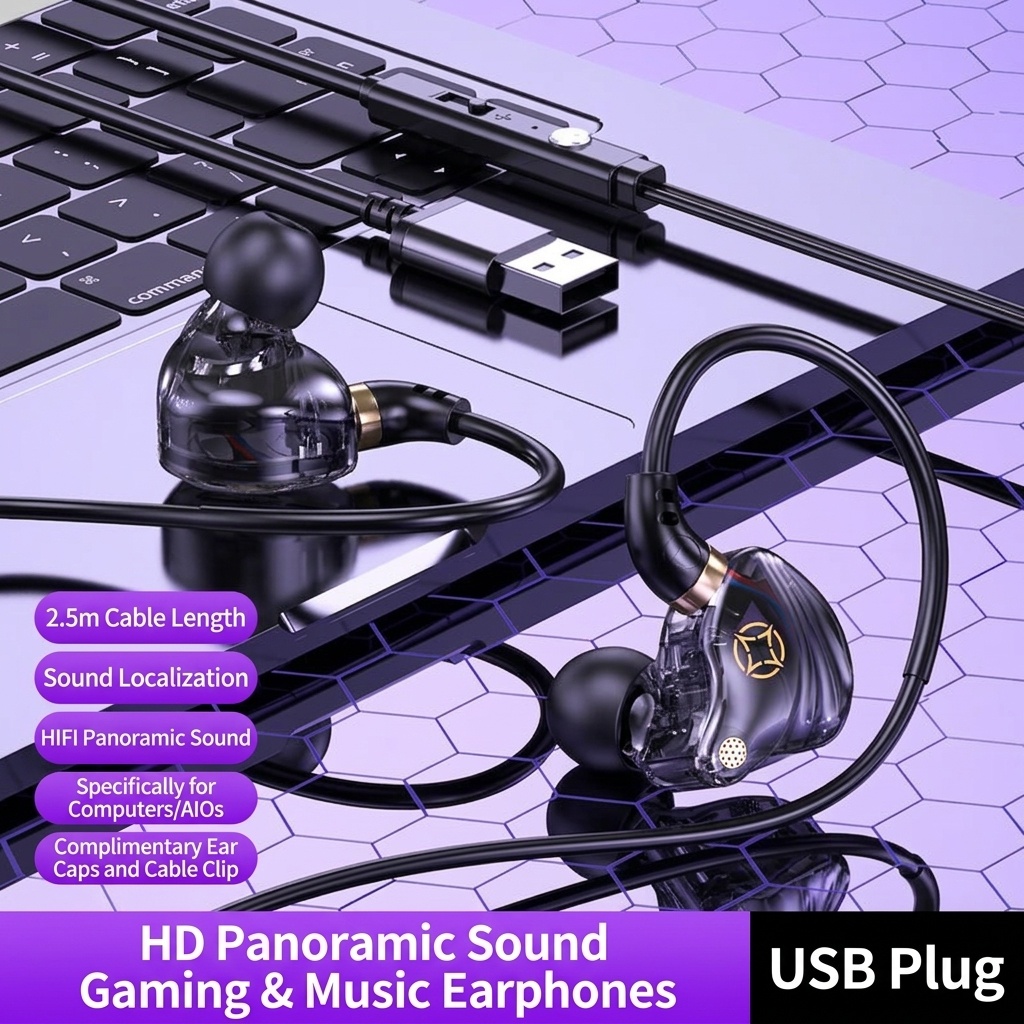 Wired Gaming In-Ear Monitors with HD Mic, 10mm Dynamic Drivers HiFi Stereo Sound, 2.5m Long Cable for PC Desktop and Laptop