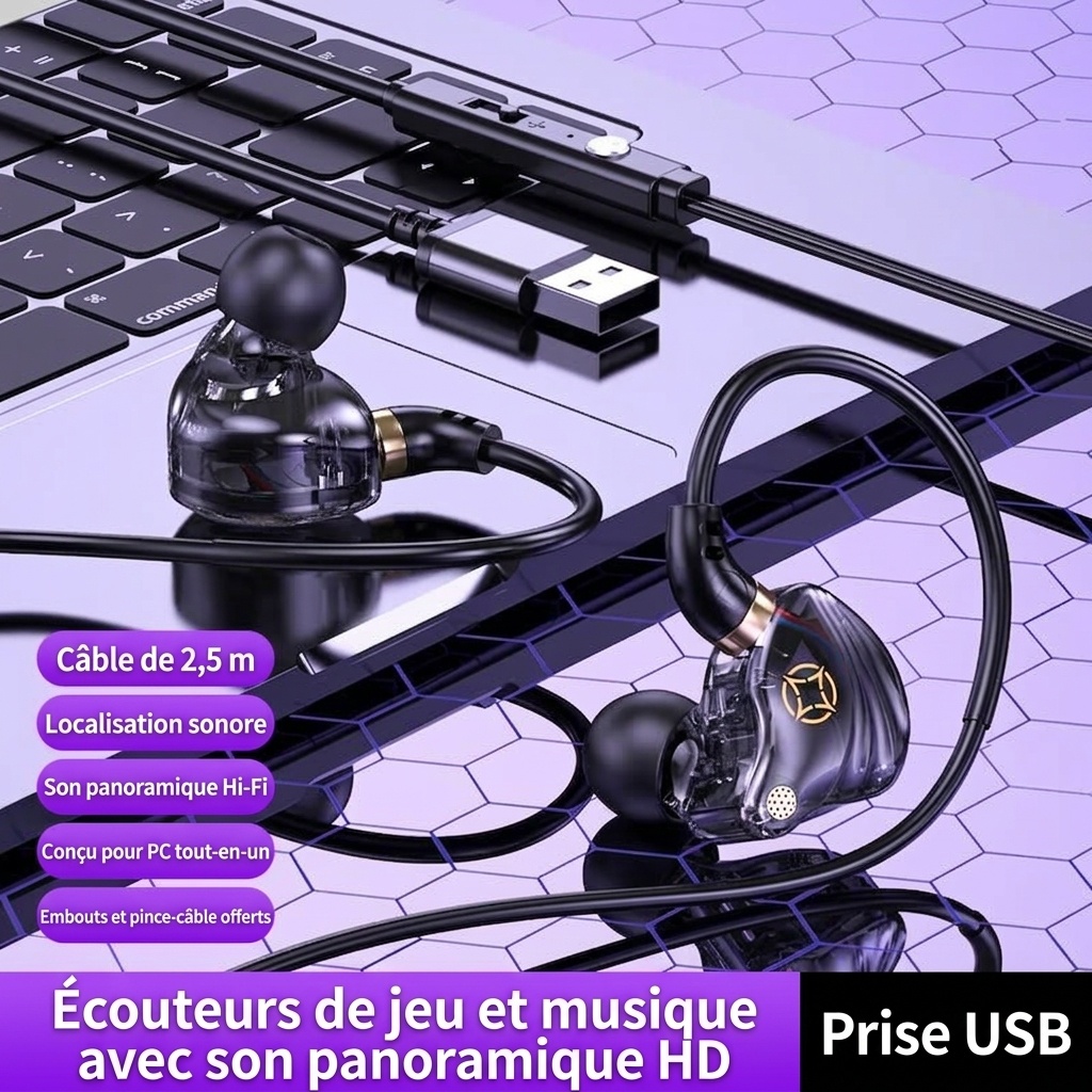 Écouteurs intra-auriculaires filaires pour le jeu, avec micro HD, haut-parleurs dynamiques de 10 mm, son stéréo HiFi et câble de 2,5 m pour PC de bureau et ordinateur portable.