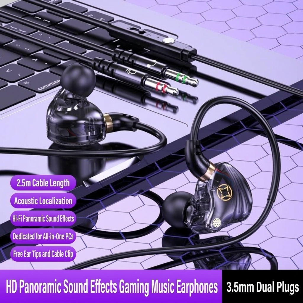 Wired Gaming In-Ear Monitors with HD Mic, 10mm Dynamic Drivers HiFi Stereo Sound, 2.5m Long Cable for PC Desktop and Laptop