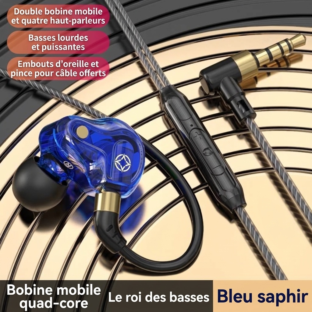 Écouteurs intra-auriculaires HiFi quadricœurs avec micro, deux haut-parleurs à armature de 8 mm, basses profondes, réduction de bruit, connexion filaire 3,5 mm et USB-C pour la musique de jeu