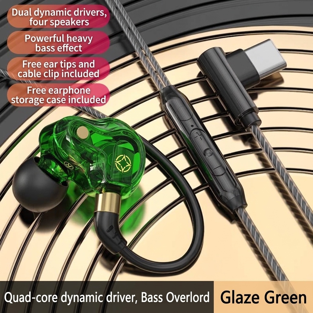Quad-Core HiFi In-Ear Monitors with Mic, Dual 8mm Armature Drivers Deep Bass Noise Cancelling Earbuds, 3.5mm & Type-C Wired for Gaming Music