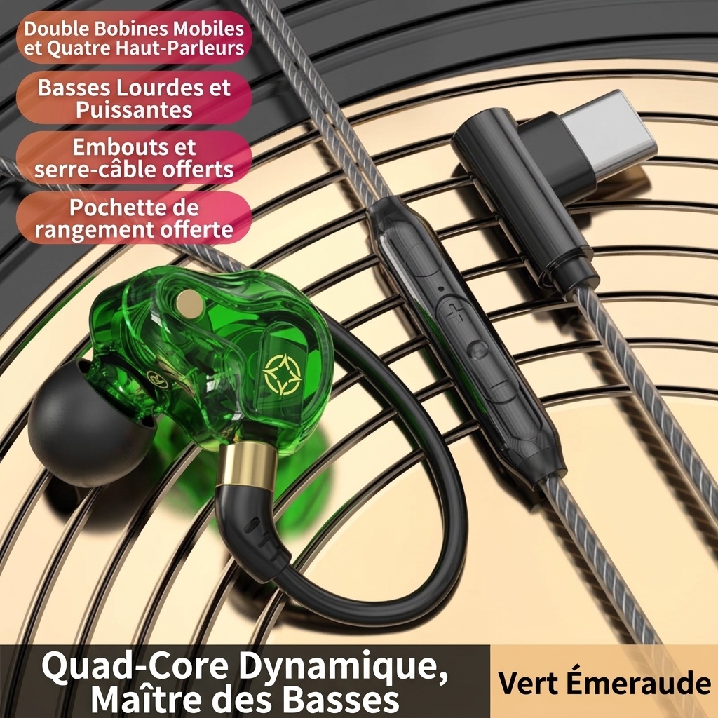 Écouteurs intra-auriculaires HiFi quadricœurs avec micro, deux haut-parleurs à armature de 8 mm, basses profondes, réduction de bruit, connexion filaire 3,5 mm et USB-C pour la musique de jeu