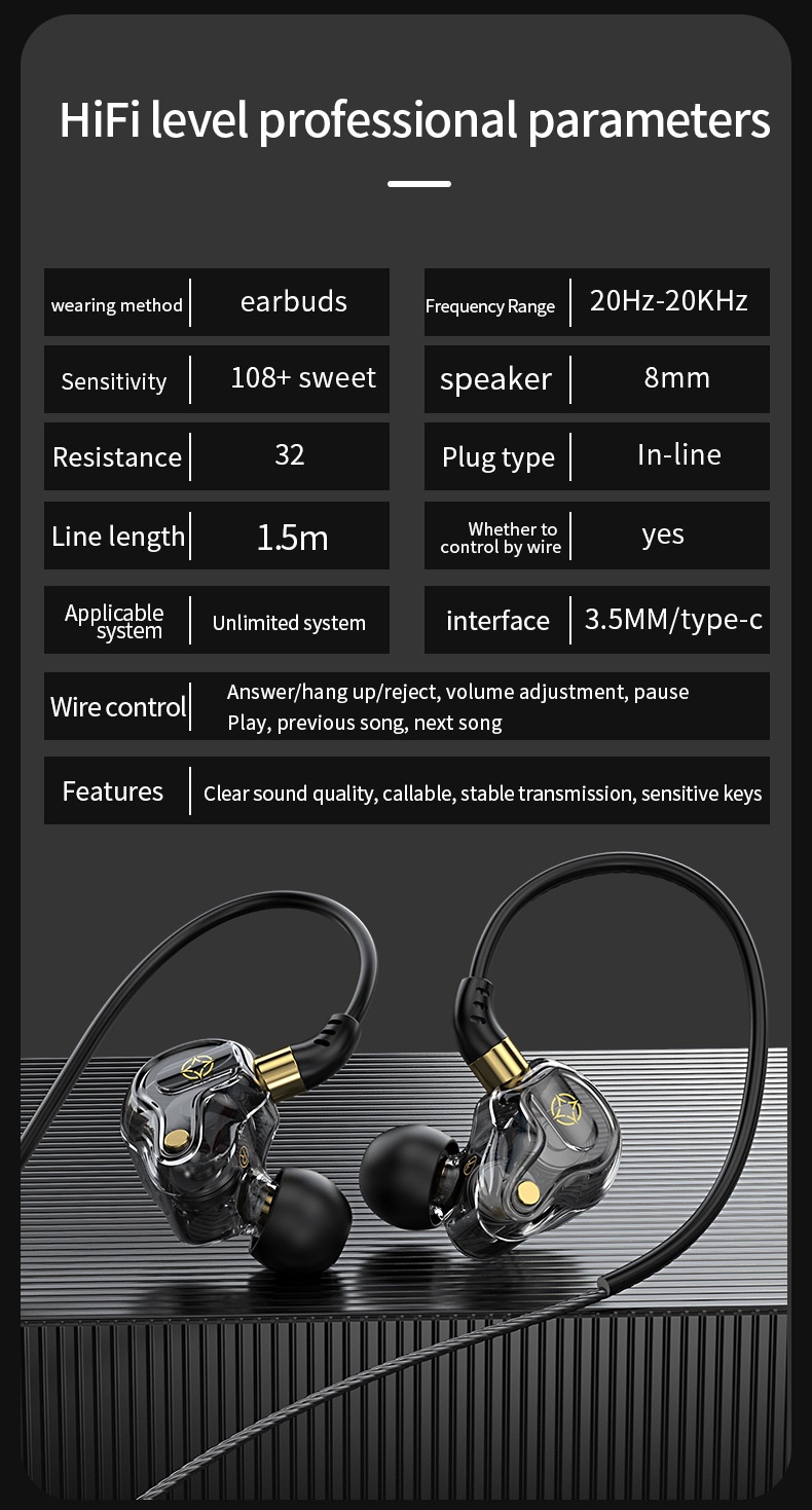 Quad-Core HiFi In-Ear Monitors with Mic, Dual 8mm Armature Drivers Deep Bass Noise Cancelling Earbuds, 3.5mm & Type-C Wired for Gaming Music