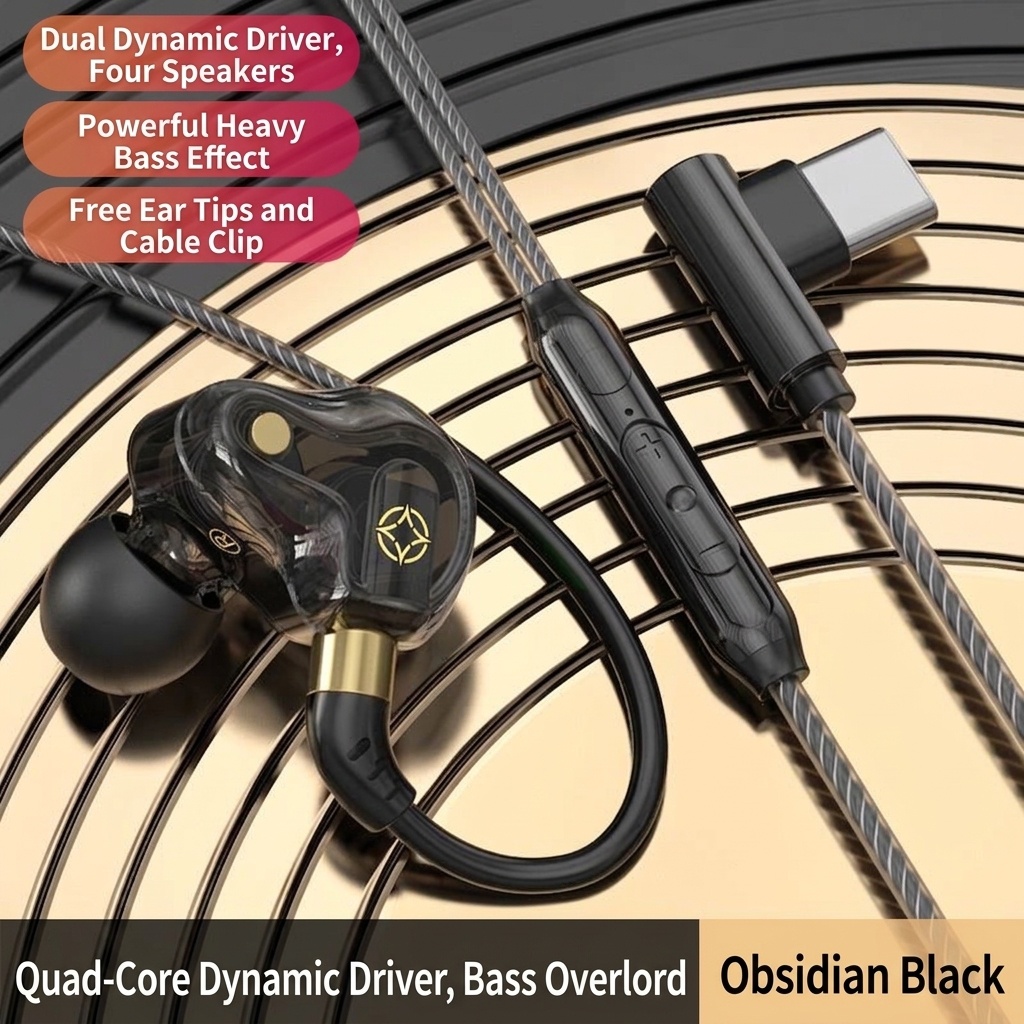Quad-Core HiFi In-Ear Monitors with Mic, Dual 8mm Armature Drivers Deep Bass Noise Cancelling Earbuds, 3.5mm & Type-C Wired for Gaming Music