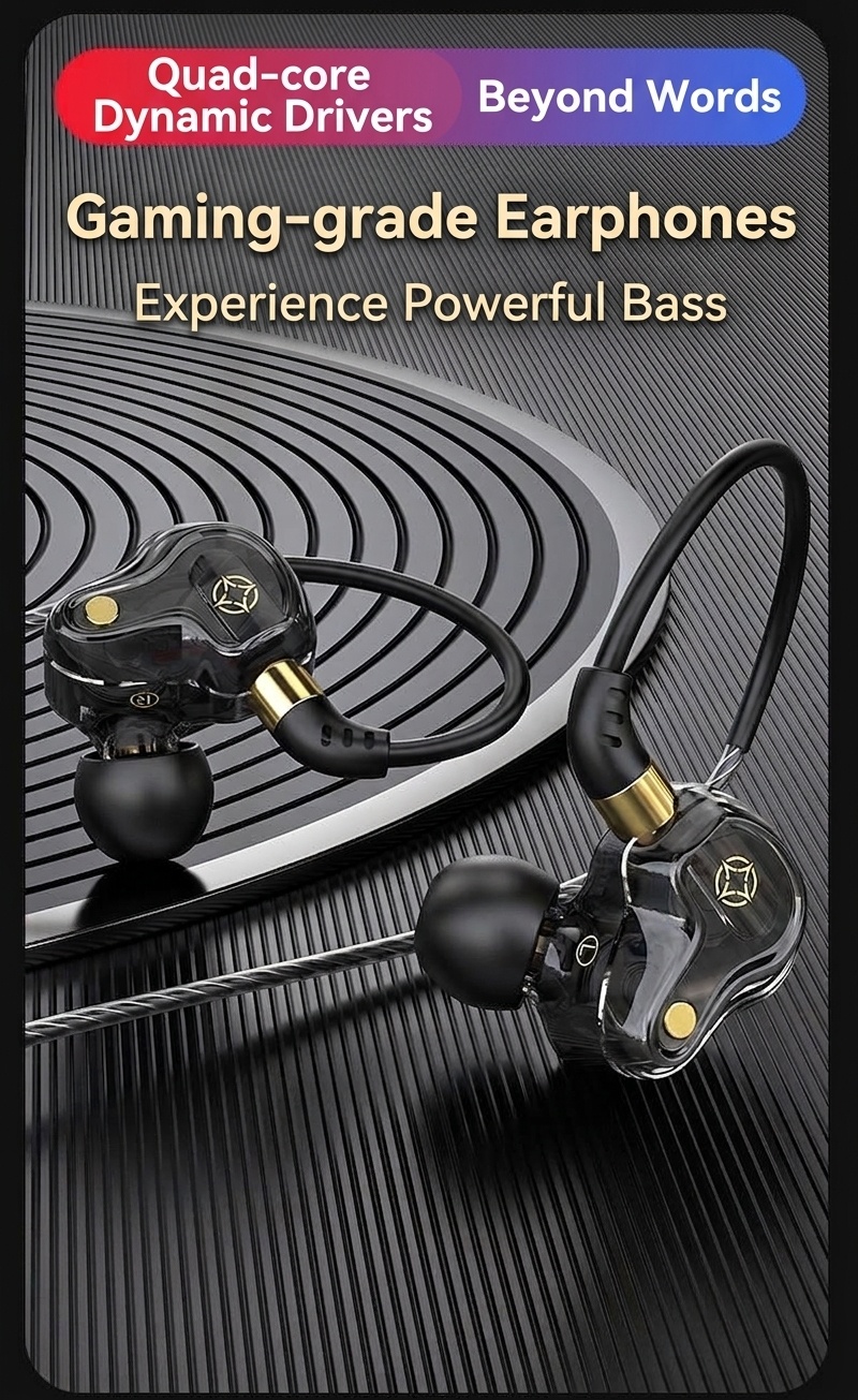 Quad-Core HiFi In-Ear Monitors with Mic, Dual 8mm Armature Drivers Deep Bass Noise Cancelling Earbuds, 3.5mm & Type-C Wired for Gaming Music