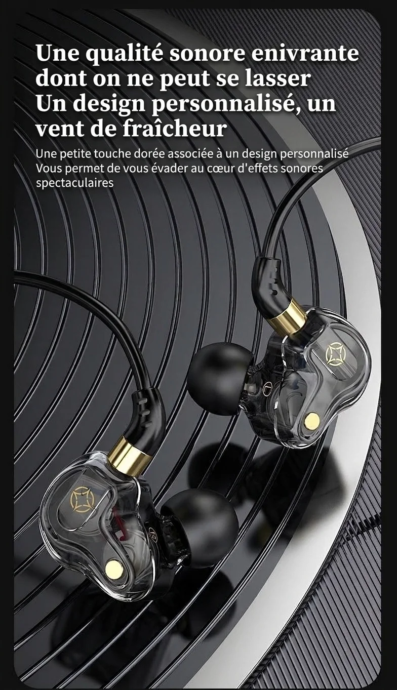 Écouteurs intra-auriculaires HiFi quadricœurs avec micro, deux haut-parleurs à armature de 8 mm, basses profondes, réduction de bruit, connexion filaire 3,5 mm et USB-C pour la musique de jeu