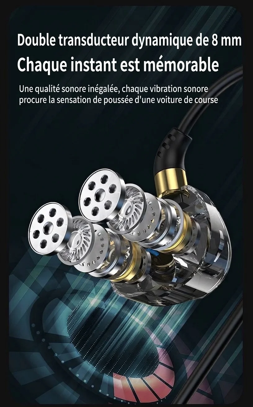 Écouteurs intra-auriculaires HiFi quadricœurs avec micro, deux haut-parleurs à armature de 8 mm, basses profondes, réduction de bruit, connexion filaire 3,5 mm et USB-C pour la musique de jeu