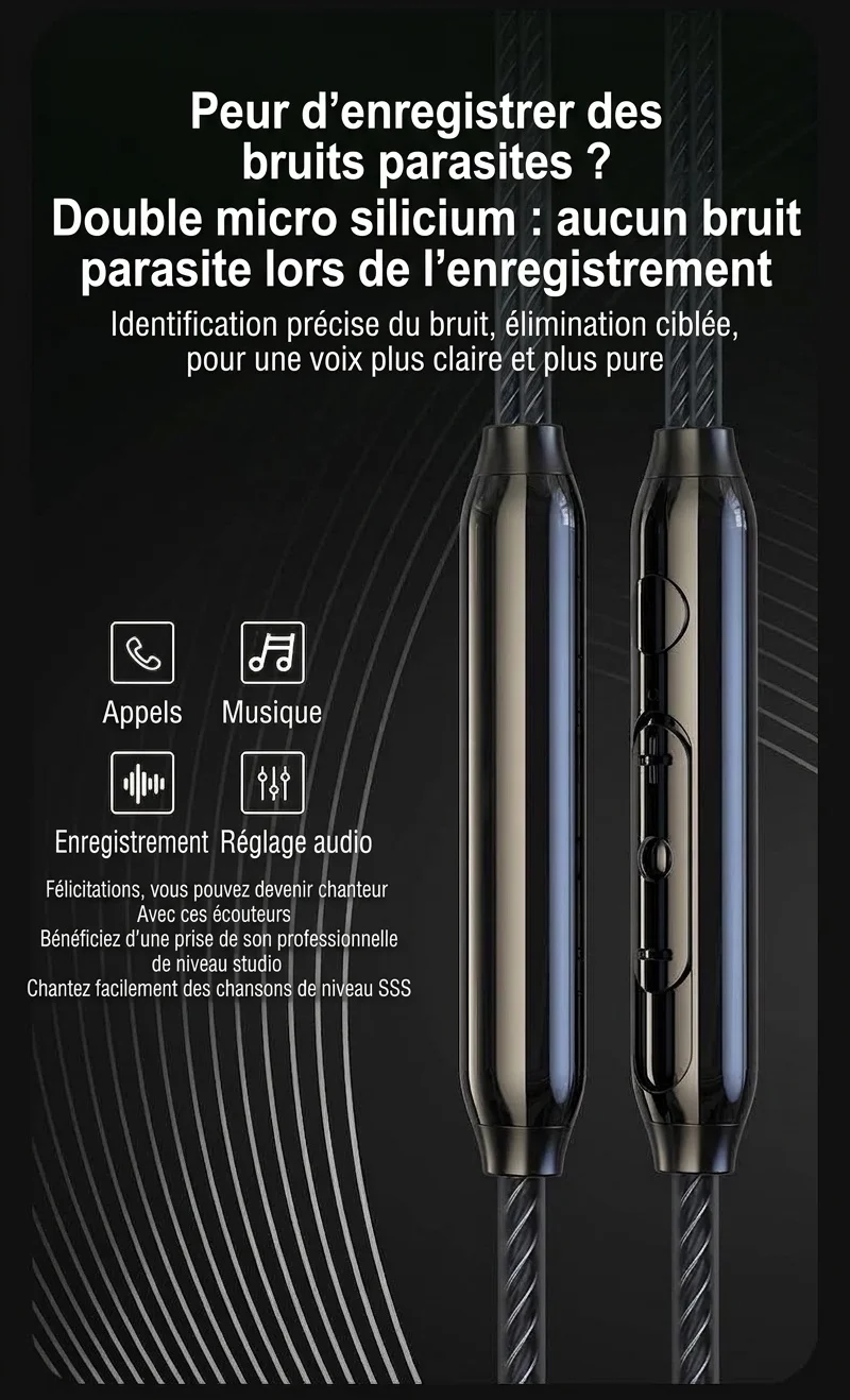 Écouteurs intra-auriculaires HiFi quadricœurs avec micro, deux haut-parleurs à armature de 8 mm, basses profondes, réduction de bruit, connexion filaire 3,5 mm et USB-C pour la musique de jeu