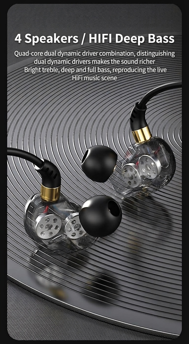 Quad-Core HiFi In-Ear Monitors with Mic, Dual 8mm Armature Drivers Deep Bass Noise Cancelling Earbuds, 3.5mm & Type-C Wired for Gaming Music