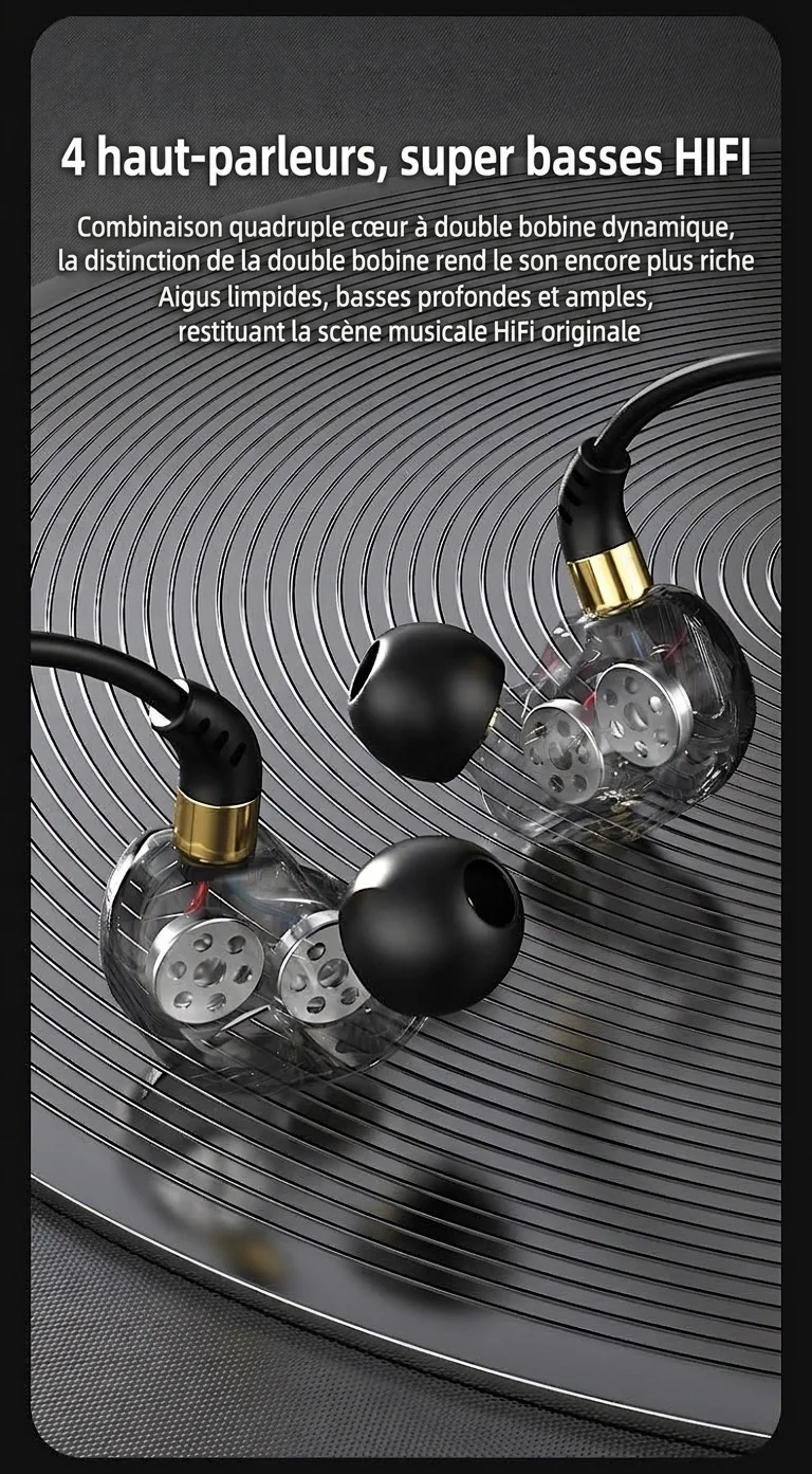 Écouteurs intra-auriculaires HiFi quadricœurs avec micro, deux haut-parleurs à armature de 8 mm, basses profondes, réduction de bruit, connexion filaire 3,5 mm et USB-C pour la musique de jeu