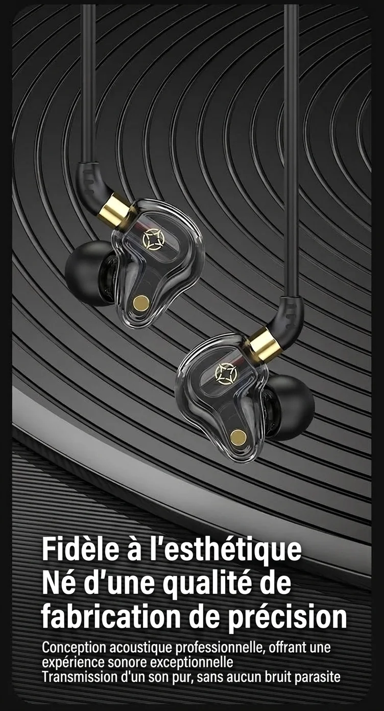 Écouteurs intra-auriculaires HiFi quadricœurs avec micro, deux haut-parleurs à armature de 8 mm, basses profondes, réduction de bruit, connexion filaire 3,5 mm et USB-C pour la musique de jeu