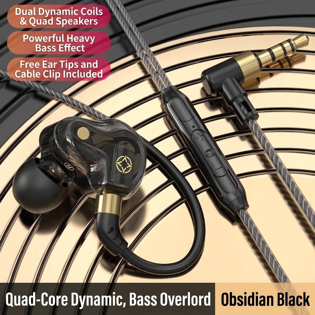 Quad-Core HiFi In-Ear Monitors with Mic, Dual 8mm Armature Drivers Deep Bass Noise Cancelling Earbuds, 3.5mm & Type-C Wired for Gaming Music