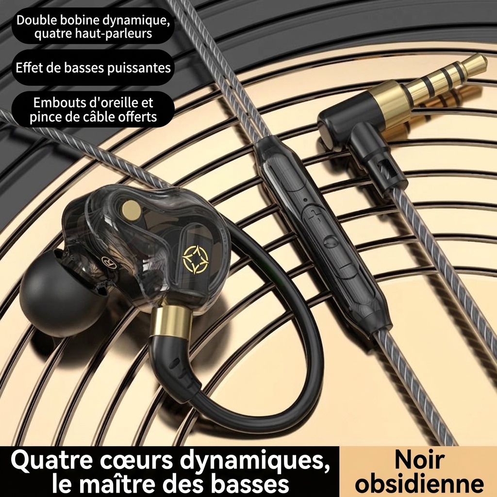 Écouteurs intra-auriculaires HiFi quadricœurs avec micro, deux haut-parleurs à armature de 8 mm, basses profondes, réduction de bruit, connexion filaire 3,5 mm et USB-C pour la musique de jeu