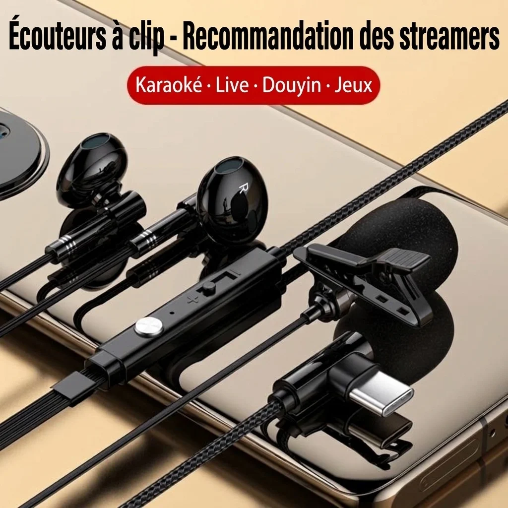 Écouteurs intra-auriculaires filaires pour le jeu avec micro-cravate, haut-parleurs de 14,2 mm, embouts ergonomiques à isolation phonique à 60°, prise jack 3,5 mm / USB-C pour le jeu et le chant