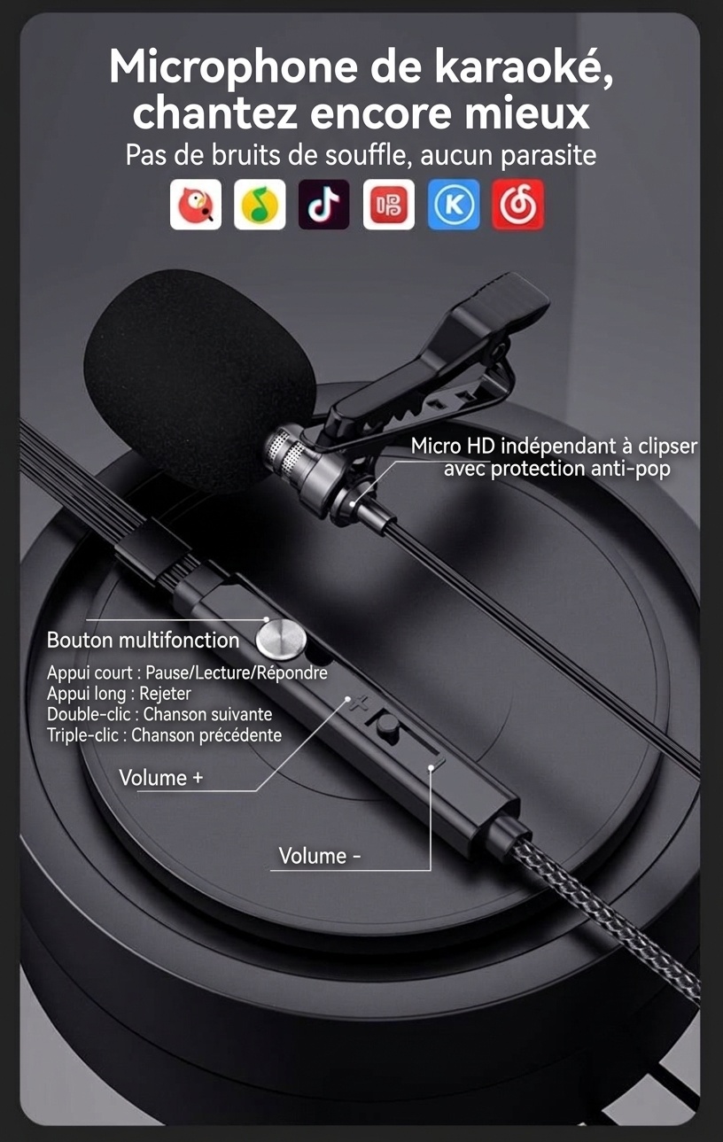 Écouteurs intra-auriculaires filaires pour le jeu avec micro-cravate, haut-parleurs de 14,2 mm, embouts ergonomiques à isolation phonique à 60°, prise jack 3,5 mm / USB-C pour le jeu et le chant