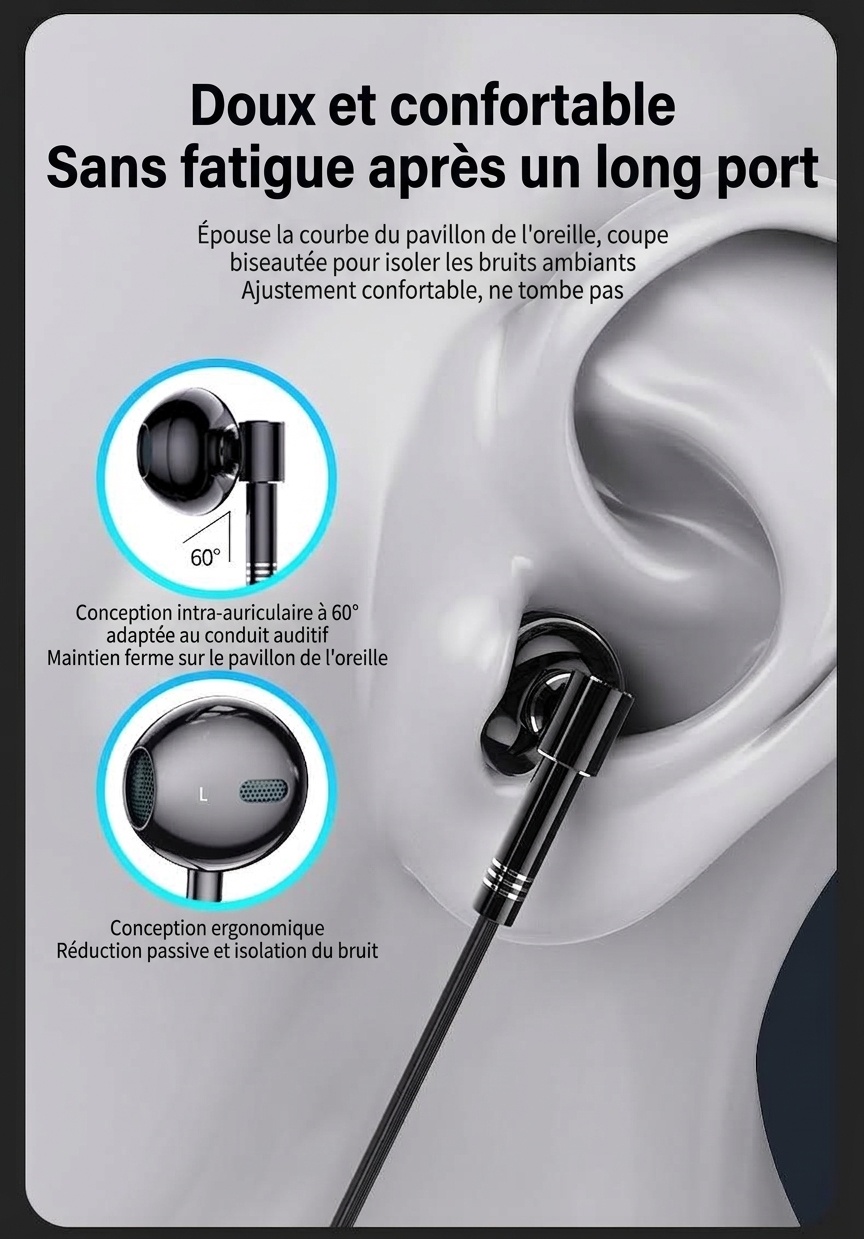 Écouteurs intra-auriculaires filaires pour le jeu avec micro-cravate, haut-parleurs de 14,2 mm, embouts ergonomiques à isolation phonique à 60°, prise jack 3,5 mm / USB-C pour le jeu et le chant