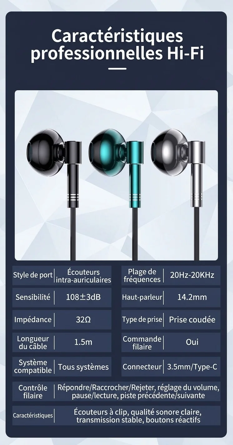 Écouteurs intra-auriculaires filaires pour le jeu avec micro-cravate, haut-parleurs de 14,2 mm, embouts ergonomiques à isolation phonique à 60°, prise jack 3,5 mm / USB-C pour le jeu et le chant