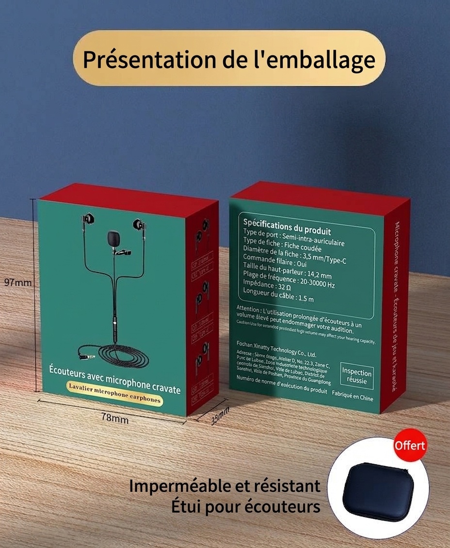 Écouteurs intra-auriculaires filaires pour le jeu avec micro-cravate, haut-parleurs de 14,2 mm, embouts ergonomiques à isolation phonique à 60°, prise jack 3,5 mm / USB-C pour le jeu et le chant