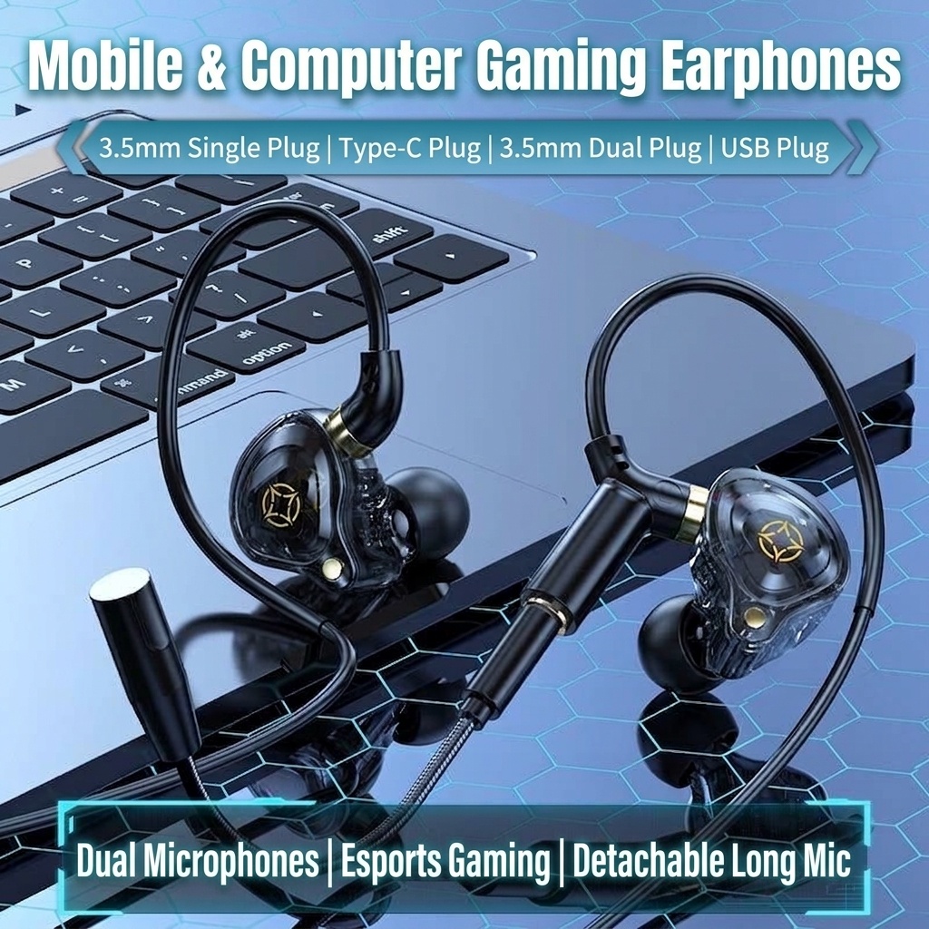 Gaming In-Ear Earbuds with Dual Detachable Mic, 10mm Dynamic Drivers Noise Cancelling Headset, 3.5mm Type-C USB Wired for PC Laptop Mobile