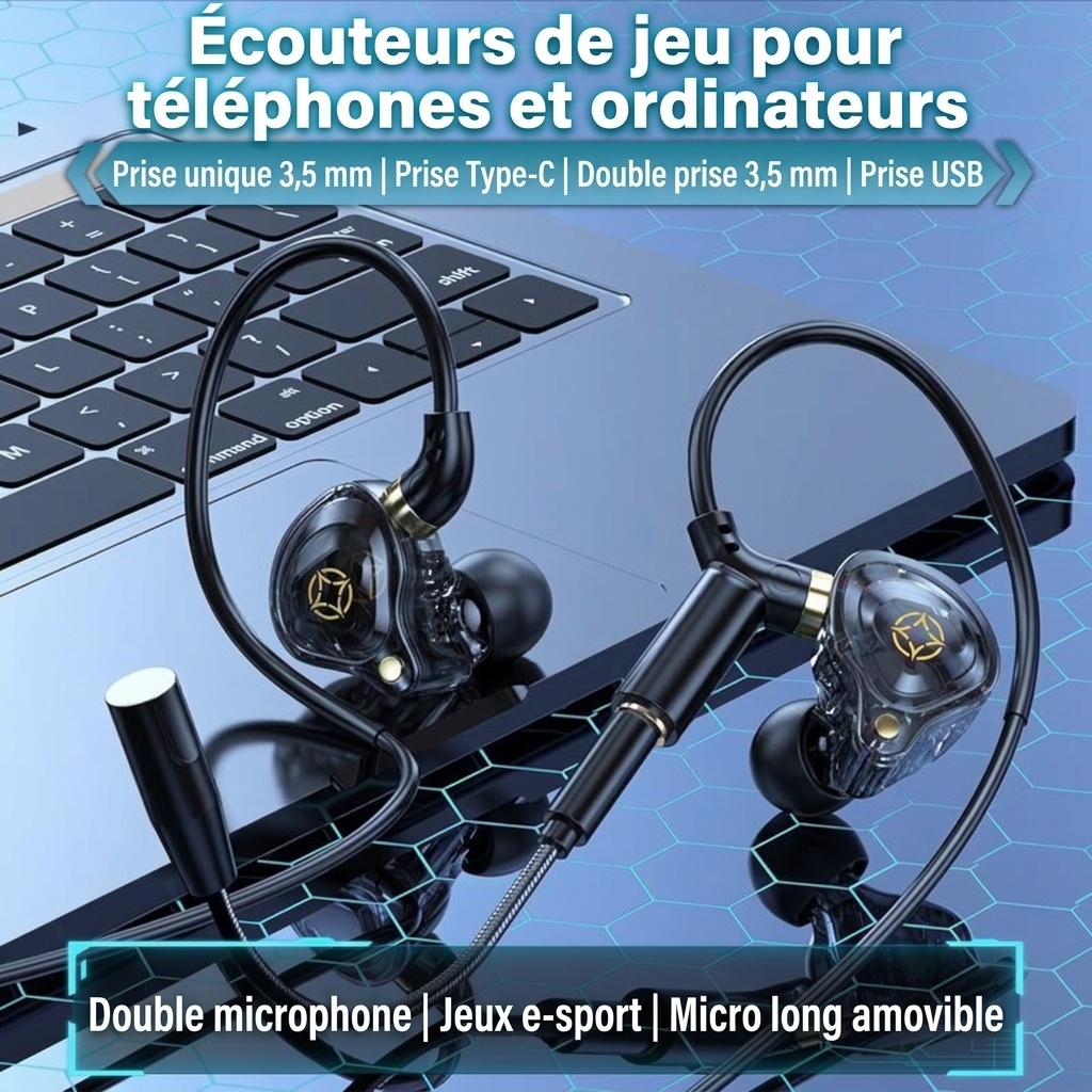 Écouteurs intra-auriculaires gaming avec double micro détachable, haut-parleurs dynamiques de 10 mm, réduction de bruit, connexion filaire USB Type-C 3,5 mm pour PC, ordinateur portable et mobile